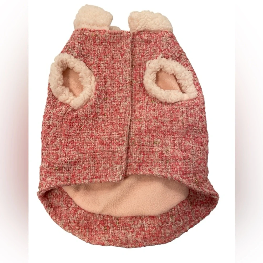 Top Paw Tweed Pink and Gold Dog Coat with Bronze Buttons.